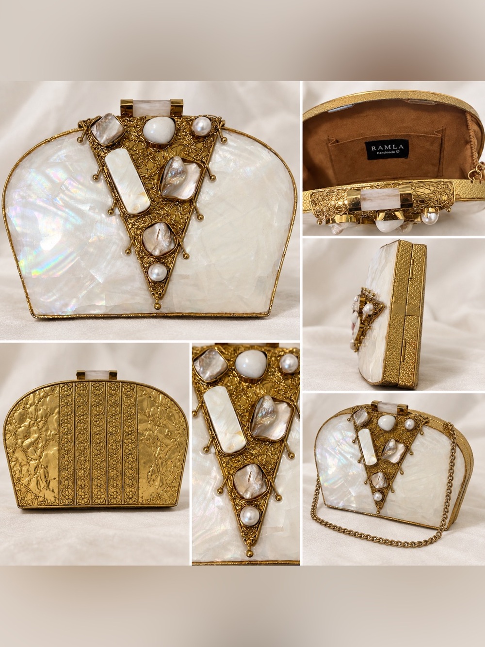 Ramla White Mother-of-Pearl & Gold Filigree Evening Clutch - Picture 2 of 2